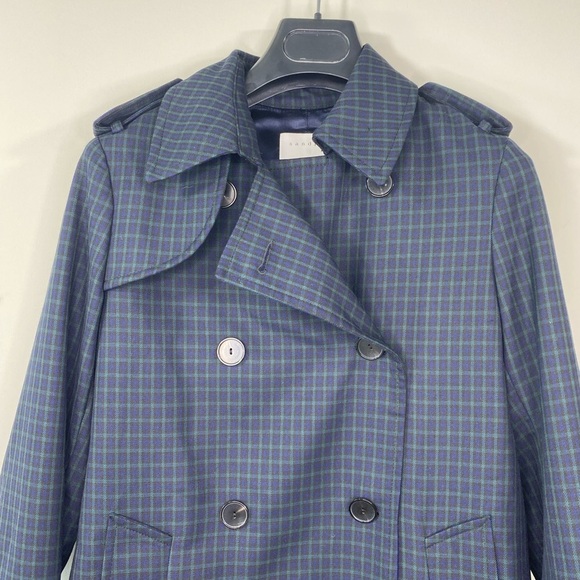 Sandro Blue Rosale Windowpane Check Woven Coat Sz 6 - Picture 5 of 16